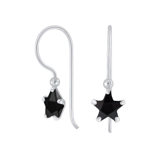 Joy|S - Zilveren classic ster oorhangers - zirkonia zwart - oorbellen