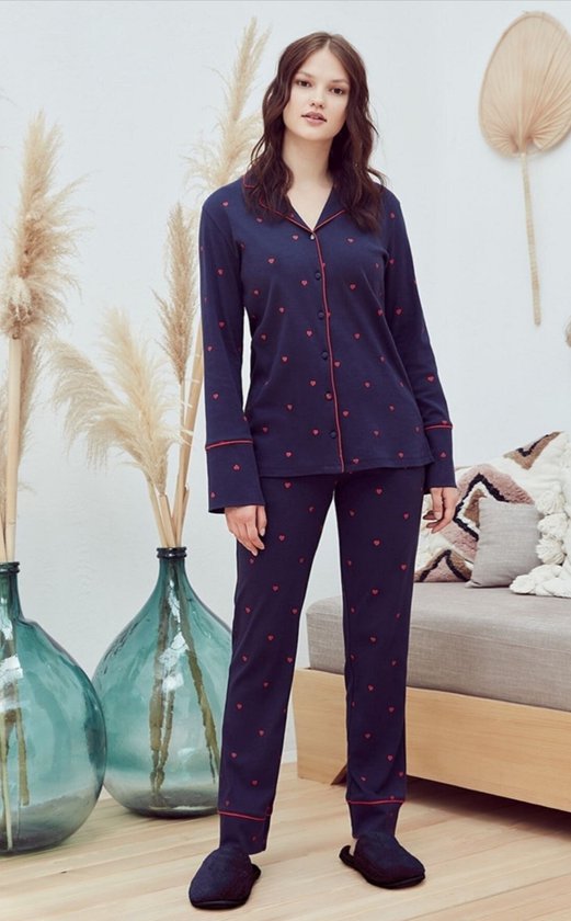 Katoen Dames2- Delige -Pyjama- Luxe Pyjamaset- Nachtkleding- Homewear - Donkerblauw met Hartjes Maat 36