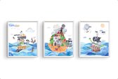 Poster Set 3 Piraten beertje met dieren vriendjes gaan schat zoeken - piraten thema / Dieren / 50x40cm