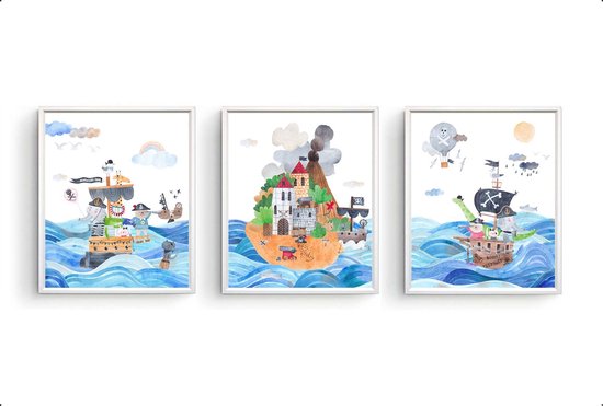 Poster Set 3 Piraten beertje met dieren vriendjes gaan schat zoeken - piraten thema / Dieren / 50x40cm