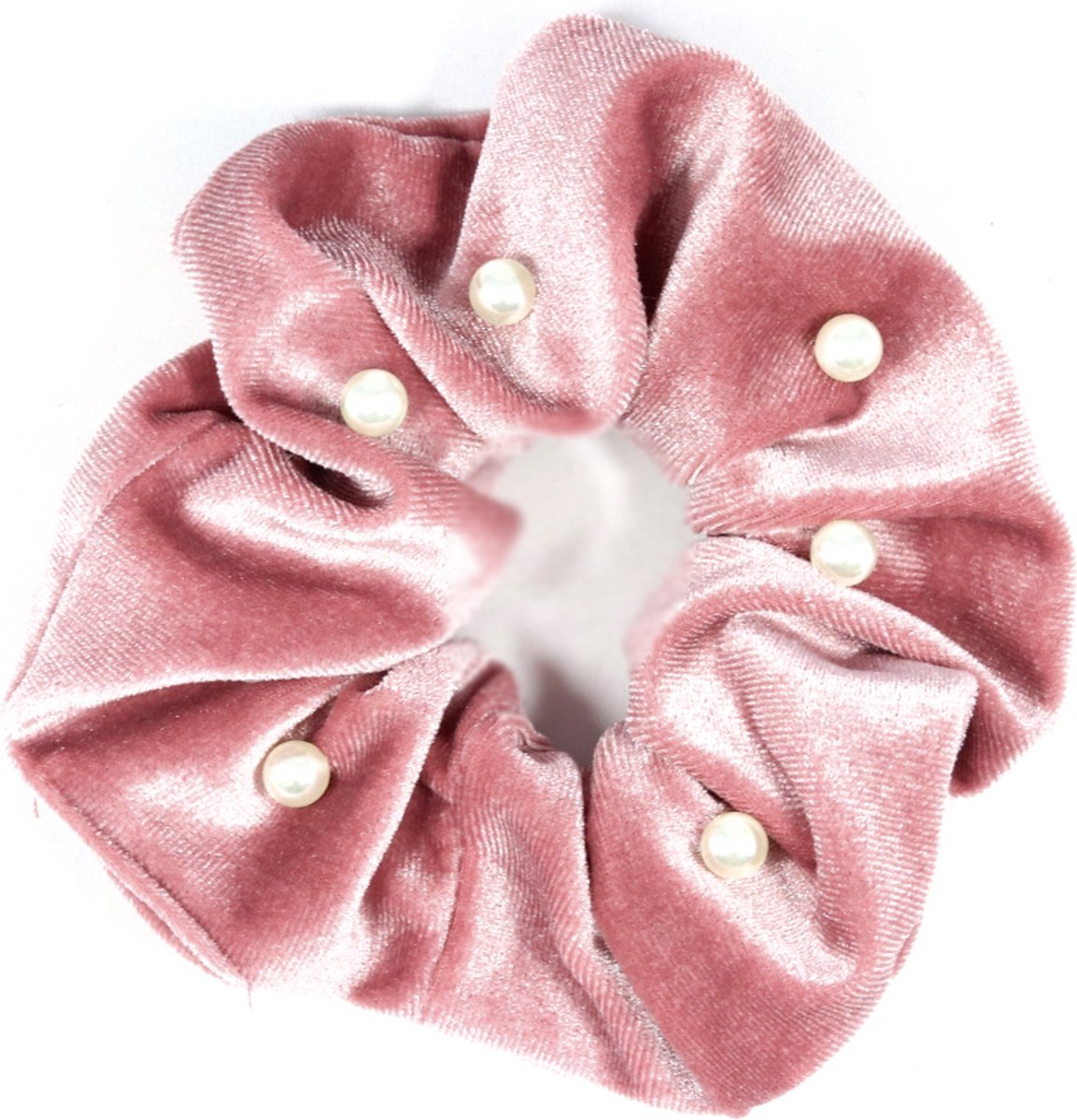 STUDIO Ivana Scrunchie parels roze - Fluwelen scrunchie met kraaltjes roze - Velvet haarwokkel roze