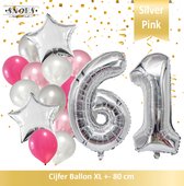 Cijfer Ballon 61 Jaar Zilver Roze White Pearl Boeket * Hoera 61 Jaar Verjaardag Decoratie Set van 15 Ballonnen * 80 cm Verjaardag Nummer Ballon * Snoes * Verjaardag Versiering * Ve