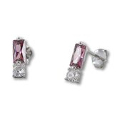 Silventi 9SIL-22137 Zilveren Oorknopjes - Dames - Zirkonia - 6 x 3 mm - Roze - 3,0 mm Doorsnee - Wit - Rhodium - Zilver