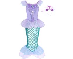 foto van Joya Kids® Zeemeermin Verkleedjurk maat 116/122 | Prinsessenjurk Ariel | Mermaid Verkleedkleding | Maat 128/134 (130) | Jurk + Mermaid Kroontje | Cadeau meisje Sinterklaas