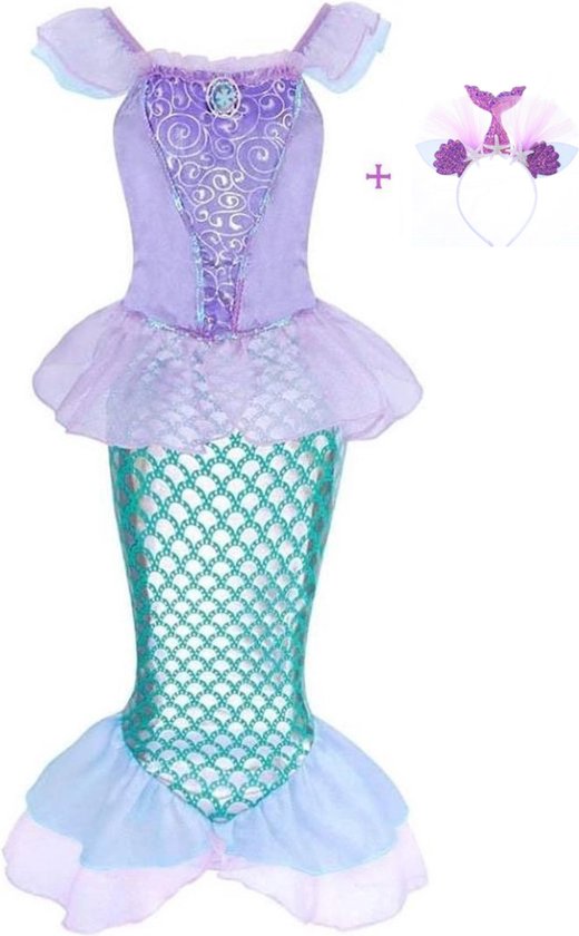 Joya Beauty® Zeemeermin Verkleedjurk | Prinsessenjurk Ariel | Mermaid Verkleedkleding | Maat 128/134 (130) | Jurk + Mermaid Kroontje | Cadeau meisje Sinterklaas