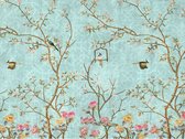 Sanders & Sanders fotobehang bloemen en vogels blauw, roze en geel - 601000 - 3.6 x 2.7 m