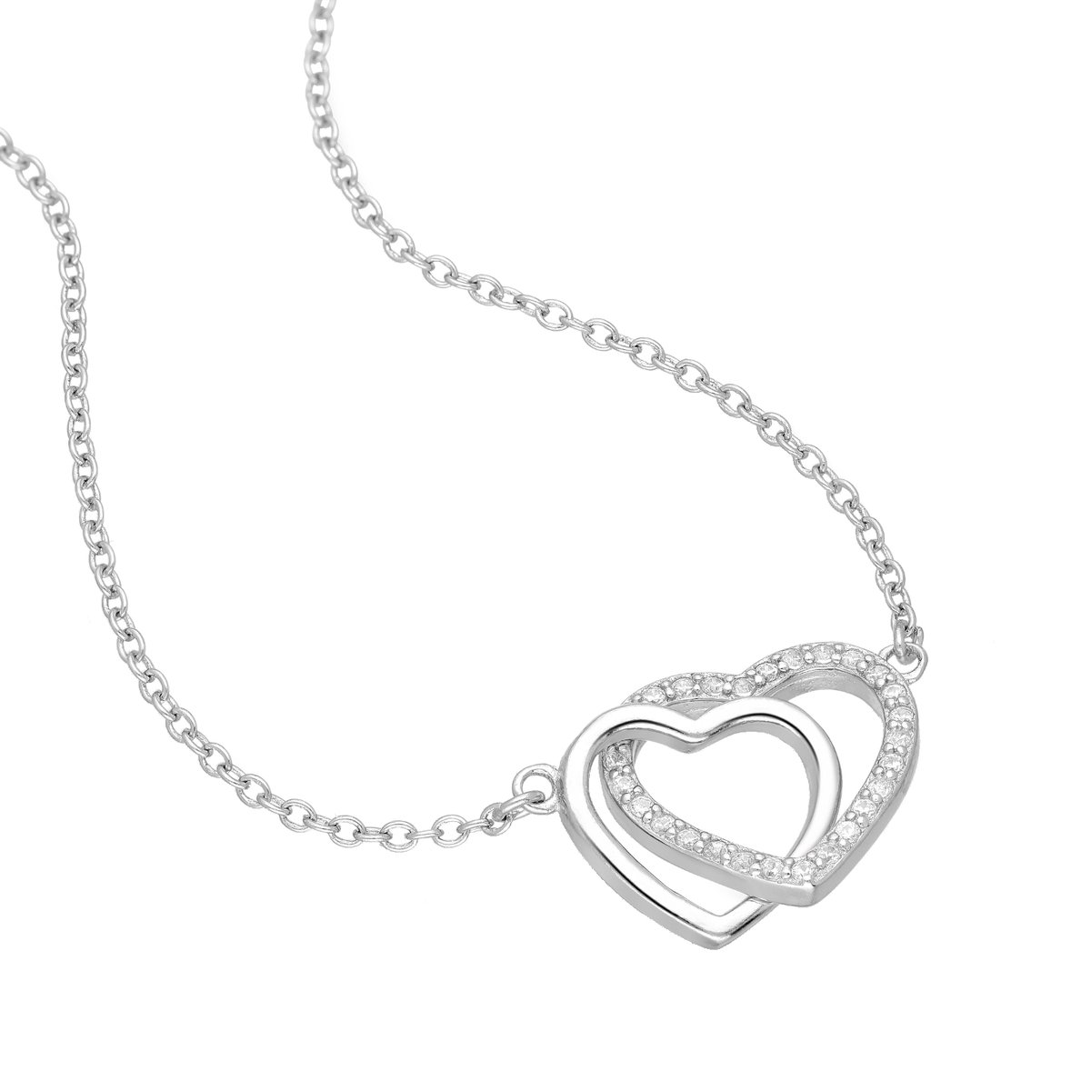 EAR IT UP - Ketting - Hart - Verbonden - Heart - Gerhodineerd zilver - Zirkonia - Pavézetting - 41 tot 44 cm - 1 stuk
