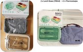 8Delig LunchBox Set: 2 Lunch Box + 2 Thermostas + 2 Lepels + 2 Vorks - Hergebruik - School Lunch/Kinder Feest/Picnic Servies - Macaron Groen+Beige- Voordeel Pack