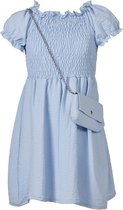 Meisjes jurk pofmouwen met een bijpassend tasje - pastel blauw | Maat 128/ 8Y