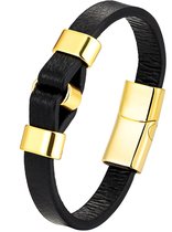 Stoere Heren Armband - Zwart Leer met Goud Kleurige Accenten - Armband Heren - Armband Mannen - Valentijnsdag voor Mannen - Valentijn Cadeautje voor Hem - Valentijn Cadeautje Vrouw