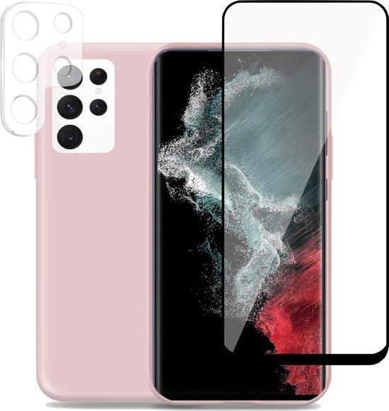 Coque Samsung S22 Ultra + Protecteur d'écran Samsung S22 Ultra + Housse d'appareil photo - Verre Pet Foil Glass - Liquid Back Case Cover Rose