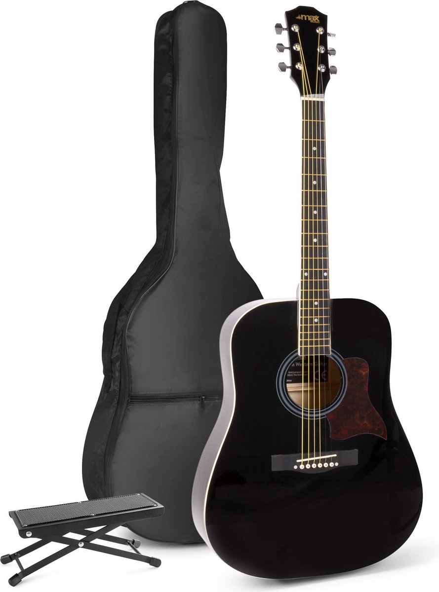 Akoestische gitaar voor beginners - MAX SoloJam Western gitaar - Incl. voetsteun, gitaar stemapparaat, gitaartas en 2x plectrum - Zwart
