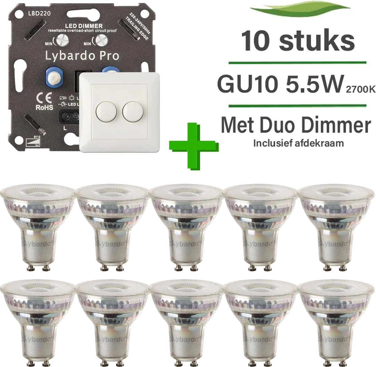 GU10 LED lamp - 10-pack - 5.5W - Dimbaar - Warm wit licht + LED duo dimmer 2 x 0-75W met afdekplaat