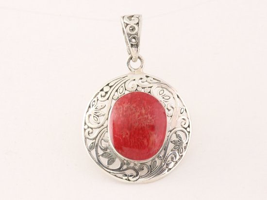 Pendentif Fait Main En Argent 925 Et Corail Rouge - Pierre Ovale, Création Lab, Collier Fourni - Neuf Sans Emballage