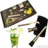 ESTARK® Mojito Set - Cocktail Set - LUXE Mojito Set - Zelf Mojito Maken - Mojito Recept - Cocktails Maken - Mojitoset - Cocktailset - Barmaatje - Muddler - Stamper - Matje - Mes -