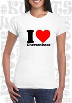 I LOVE CHERSONISSOS damesshirt - Wit - Maat L - Slim Fit - Korte mouwen - Ronde hals - Aansluitende zijnaden - Grappige teksten - Leuke shirts - Quotes - Kwoots - Kado - Cadeau - F