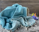 badlaken - het zomers is zomer hamamdoek Dunja 100x180 cm - turquoise - Echt een hele mooie volle kwaliteit - standlaken - strandhanddoek - sarong - hamam - saundoek - tweezijdig mooi