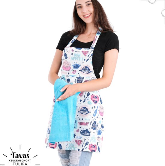 Tablier de cuisine Tulipa avec serviette, roses roses, Tablier de cuisine  - 55 x