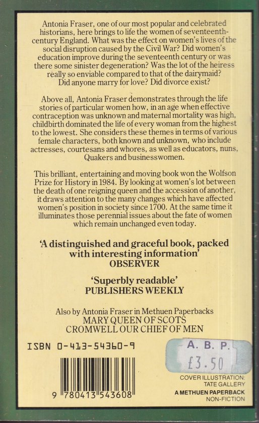 Achterkant van het boek "The Weaker Vessel" met recensies en informatie over de auteur Antonia Fraser.