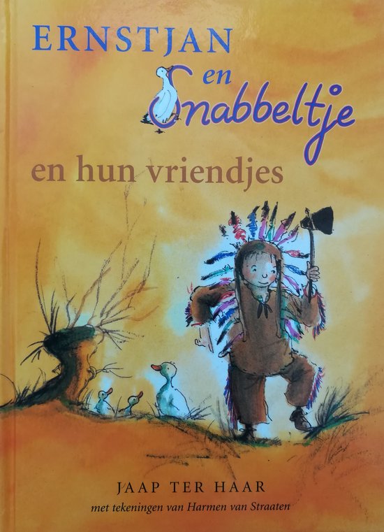 Boekomslag met de titel 'Ernstjan en Snabbeltje en hun vriendjes'. Illustratie van een jongen in indianenkleding met een bijl en veren.