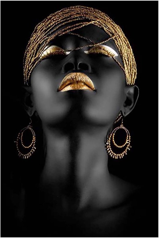 Woman Black Gold looking up - Foto op plexiglas incl. gratis luxe ophangsysteem - Wanddecoratie