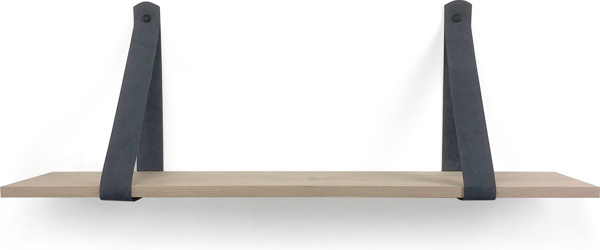Eiken wandplank 18 mm 110 x 20 cm met leren riemen grijs - Eikenhouten wandplank - Wandplank hout - Leren plankdragers - Wandplank industrieel