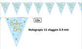 12x Vlaggenlijn sparkling baby boy Holograpic - Vlaglijn geboorte thema feest