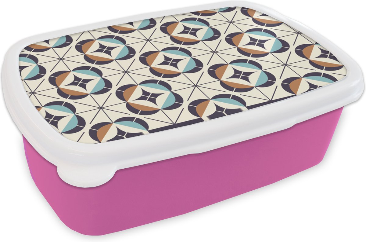 Broodtrommel Roze - Lunchbox - Brooddoos - Retro - Design - Geometrie - 18x12x6 cm - Kinderen - Meisje