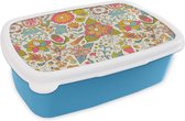 Broodtrommel Blauw - Lunchbox - Brooddoos - Meisje - Konijn - Kikker - Patronen - Girl - Kids - Kinderen - Kind - 18x12x6 cm - Kinderen - Jongen