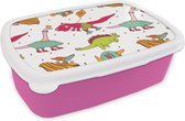 Broodtrommel Roze - Lunchbox - Brooddoos - Patronen - Dino - Kleuren - Jongens - Kinderen - Kids - Kind - 18x12x6 cm - Kinderen - Meisje