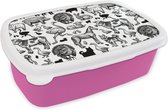 Broodtrommel Roze - Lunchbox - Brooddoos - Patroon - Dieren - Zwart Wit - 18x12x6 cm - Kinderen - Meisje