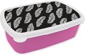 Broodtrommel Roze - Lunchbox - Brooddoos - Patroon - Veren - Zwart Wit - 18x12x6 cm - Kinderen - Meisje