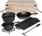 Luxiqo® Gietijzeren 7-delige Pannenset  – Houten Kist – Grillplaat en Braadpannen– Barbecue Pannen Set – Gietijzeren Pan met Deksel – Inductie Gas Electrisch – Zwart