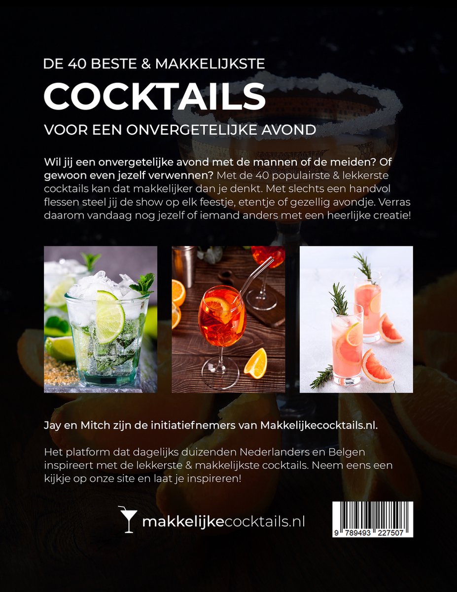 De 40 Beste cocktails wereldwijd - Voor een perfecte avond - Makkelijke recepten - Cocktailset - Mixdrank - Cocktail accessoires - Recepten - Makkelijkecocktails.nl - back cover