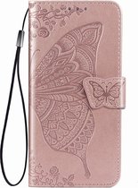 Hoesje geschikt voor iPhone SE 2022 - Bookcase - Pasjeshouder - Portemonnee - Vlinderpatroon - Kunstleer - Rose Goud