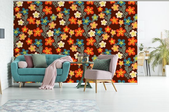 Behang - Fotobehang Retro - Patronen - Bloemen - Jaren 70 - Breedte 450 cm x hoogte 300 cm