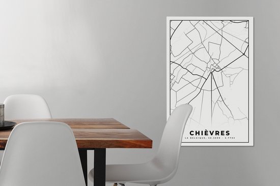 Toile Peinture Carte – Plan d'étage – Plan de Ville – Chièvres – België – Zwart Wit - 40x60 cm - Décoration murale