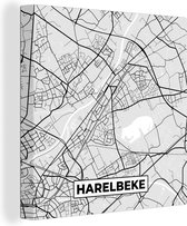 Canvas Schilderij België – Harelbeke – Stadskaart – Kaart – Zwart Wit – Plattegrond - 50x50 cm - Wanddecoratie