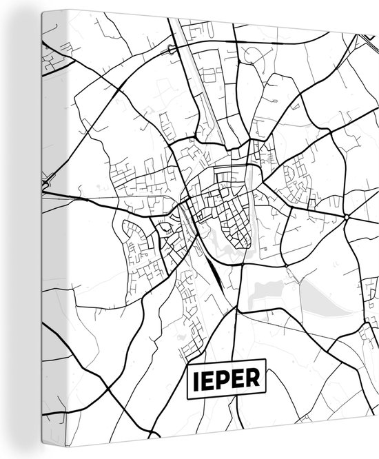 Canvas Schilderij België - Ieper - Stadskaart - Kaart - Zwart Wit - Plattegrond - Wanddecoratie