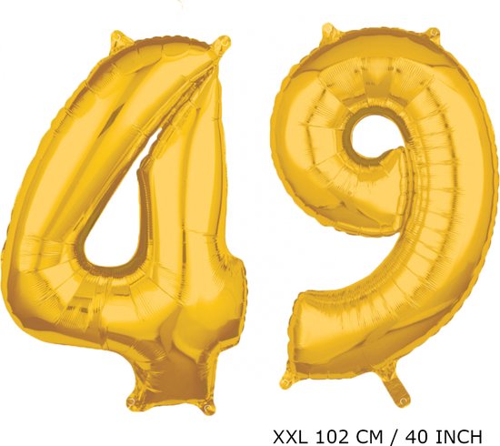 Mega grote XXL gouden folie ballon cijfer 49 jaar.  leeftijd verjaardag 49 jaar. 102 cm 40 inch. Met rietje om ballonnen mee op te blazen.