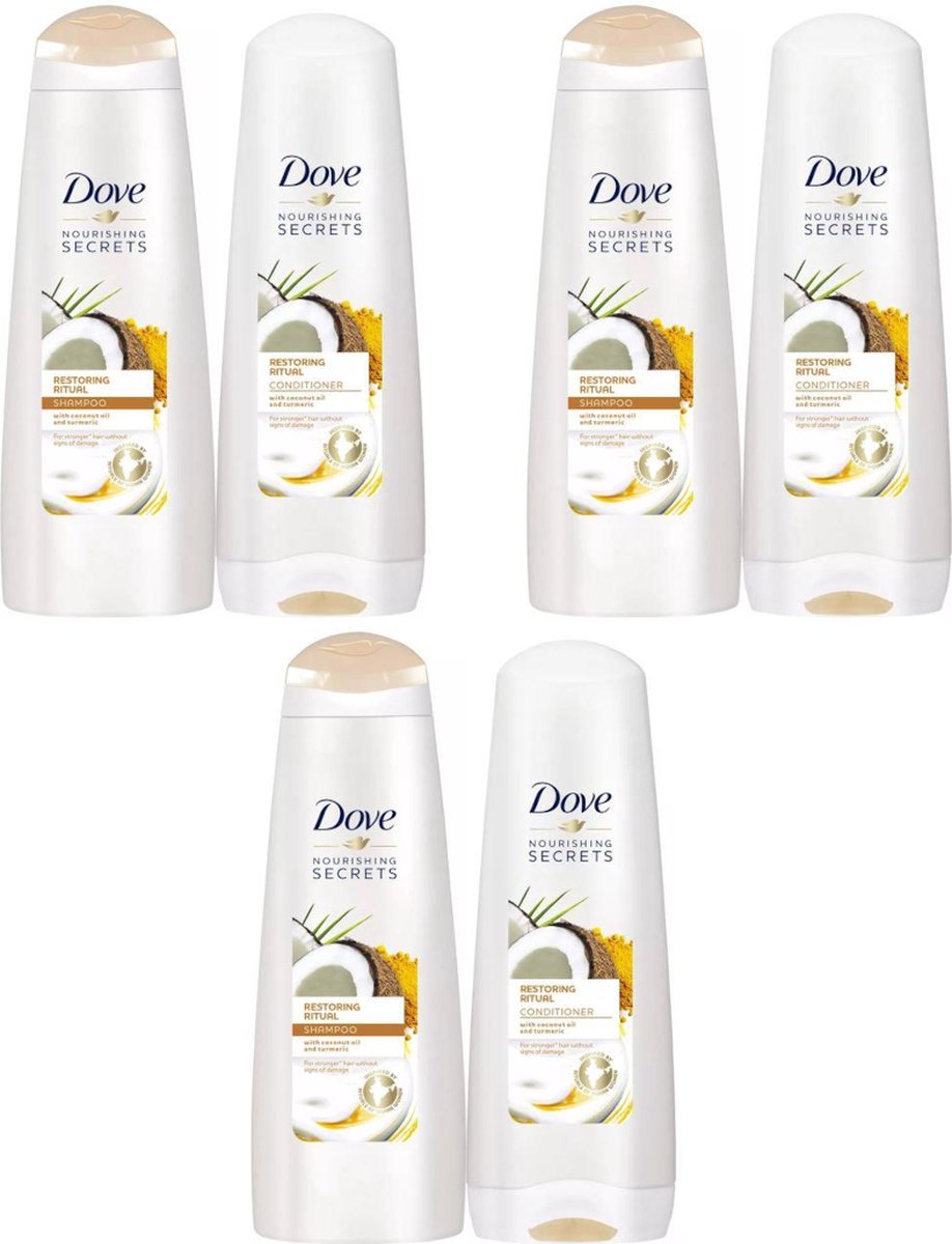 Dove - Shampoo Restoring 3 x 250 ml + Conditioner Restoring 3 x 200 ml - Met kokosnootolie en Kurkuma