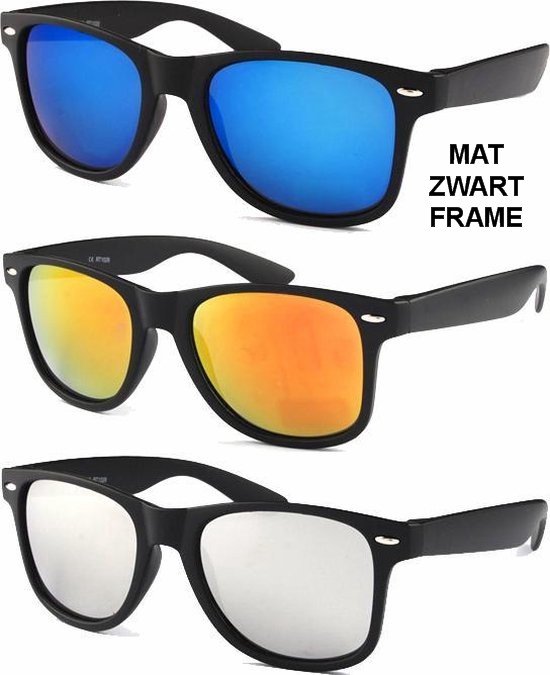 Classic Zonnebrillen - 3 stuks - Mat Zwart Frame - Spiegel Glazen