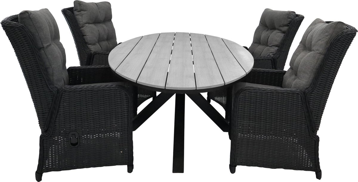 5-delige tuinset | 4 Dublin verstelbare stoelen (BL) | 180cm ovale Cyprus tuintafel (Grey)