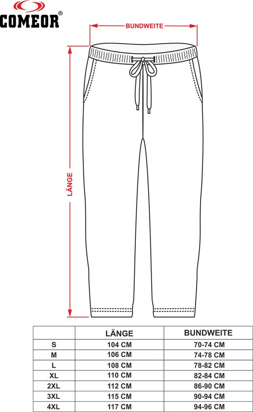 Schema van een joggingbroek met afmetingen: lengte en bandwijdte.