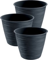 3x stuks stijlvolle kunststof plantenpot/bloempot dia 15 cm/hoogte 12.5 cm Paintstripe antraciet grijs voor binnen/buiten