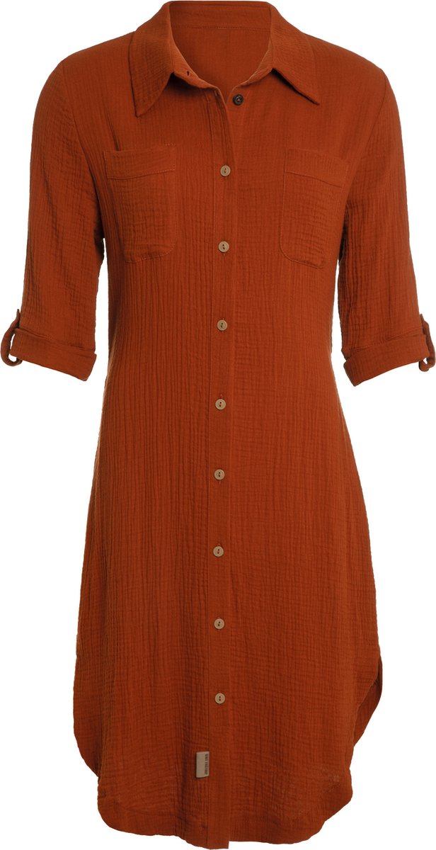 Knit Factory Kim Dames Blousejurk - Lange blouse dames - Blouse jurk oranje - Zomerjurk - Overhemd jurk - S - Terra - 100% Biologisch katoen - Knielengte