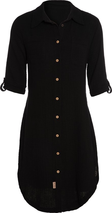 Knit Factory Kim Dames Blousejurk - Lange blouse dames - Blouse jurk zwart - Zomerjurk - Overhemd jurk - XL - Zwart - 100% Biologisch katoen - Knielengte