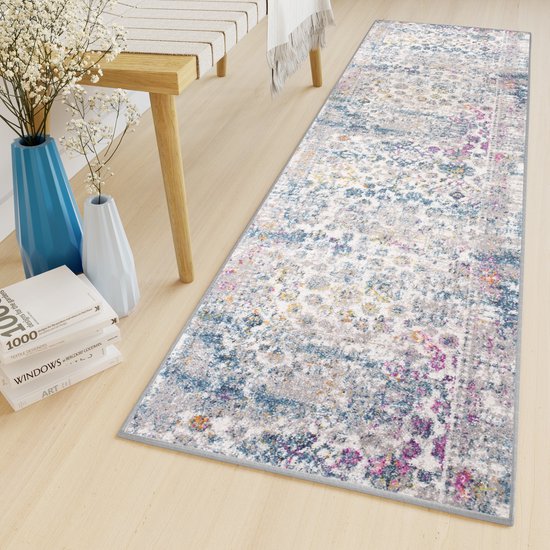 Tapiso Lazur Tapis Coureur Grijs Blauw Vintage Moderne Salon Couloir Tapis De Sol Taille - 80x400