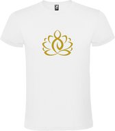 Wit  T shirt met  print van "Lotusbloem met Boeddha " print Goud size L