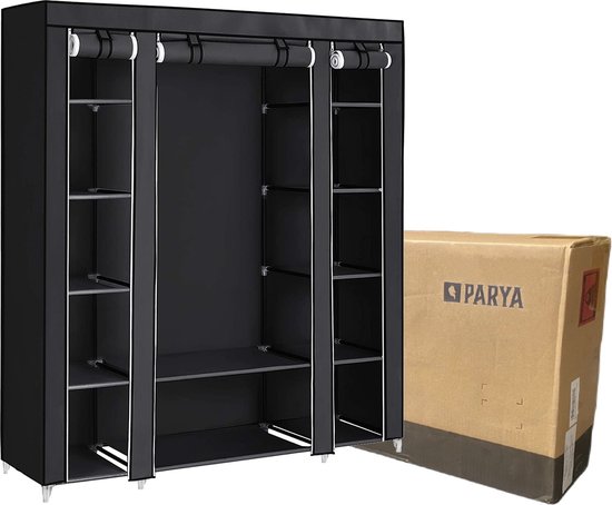Bobbel Home Kledingkast met Hoes - Stoffen Garderobekast - Ruimtebesparend - Met Legplanken en Hanggedeelte - Zwart van Bobbel Home — afbeelding 3